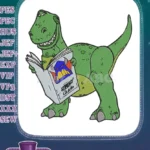 Smiling green T-Rex dinosaur reading robot storybook embroidery designs - Instant Download