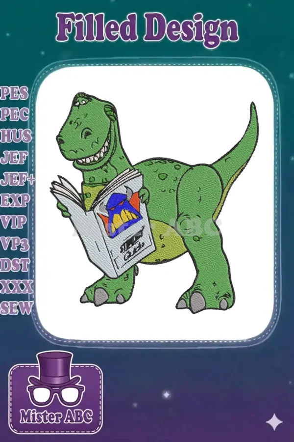 Vibrant embroidery design of Rex, the green T-Rex from Toy Story, happily reading a book featuring Buzz Lightyear.