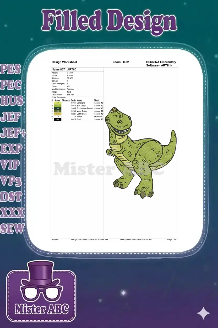 Embroidery design worksheet for Rex, showing dimensions, stitch count, color chart, and a small design preview.