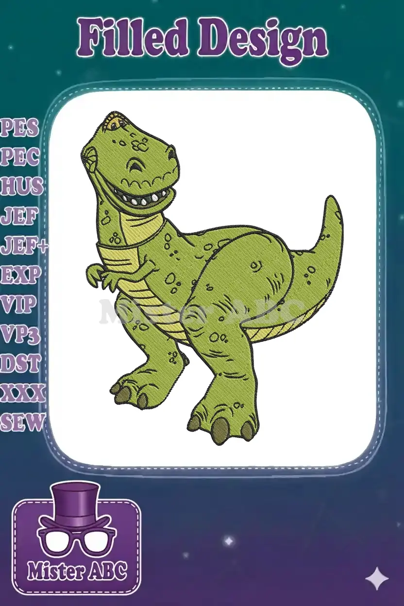 Full-body embroidery design of Rex, the green T-Rex from Toy Story, with a happy, open-mouthed expression.