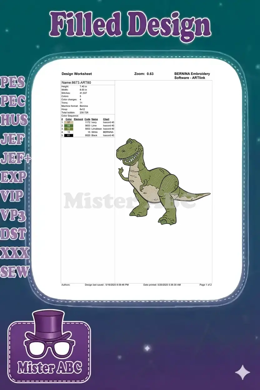BERNINA Embroidery Design Worksheet for Rex T-Rex, showing dimensions, stitch count, and color sequence.