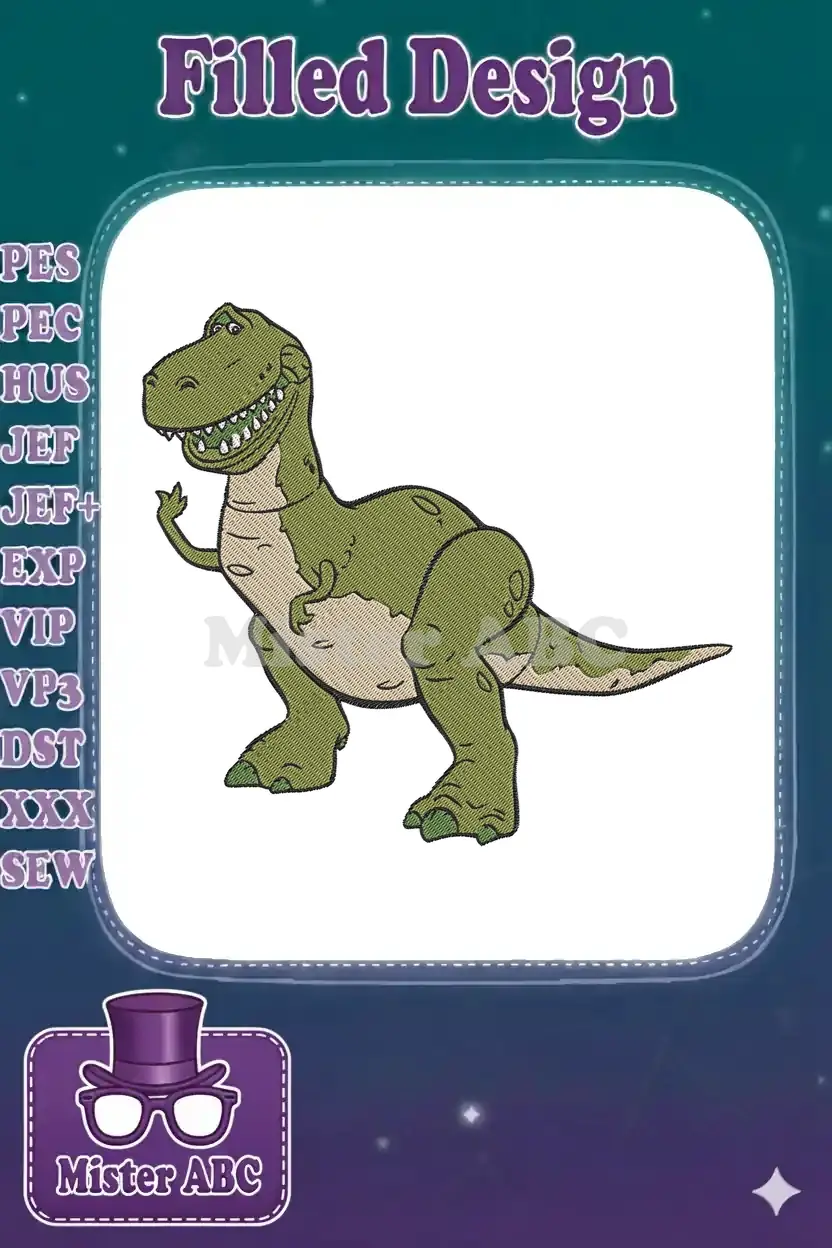 A friendly green cartoon T-Rex, Rex from Toy Story, embroidered with a cheerful smile and raised arm.