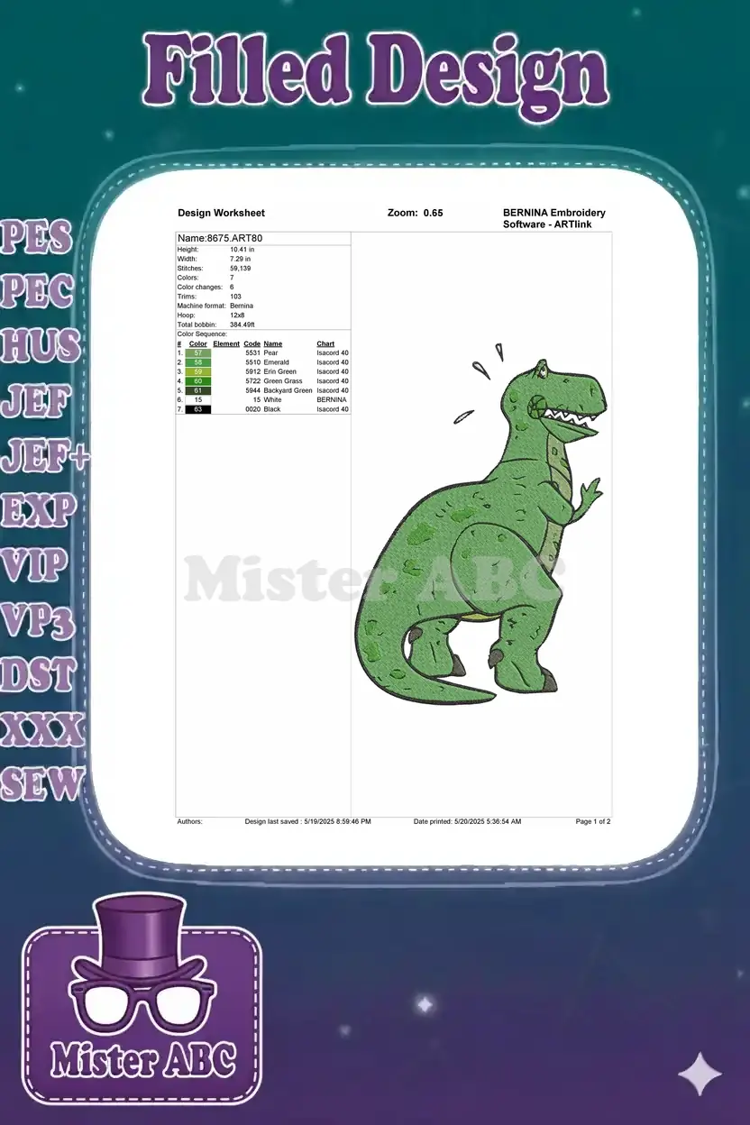 Detailed embroidery design worksheet showing dimensions, stitch count, color sequence, and thread information.