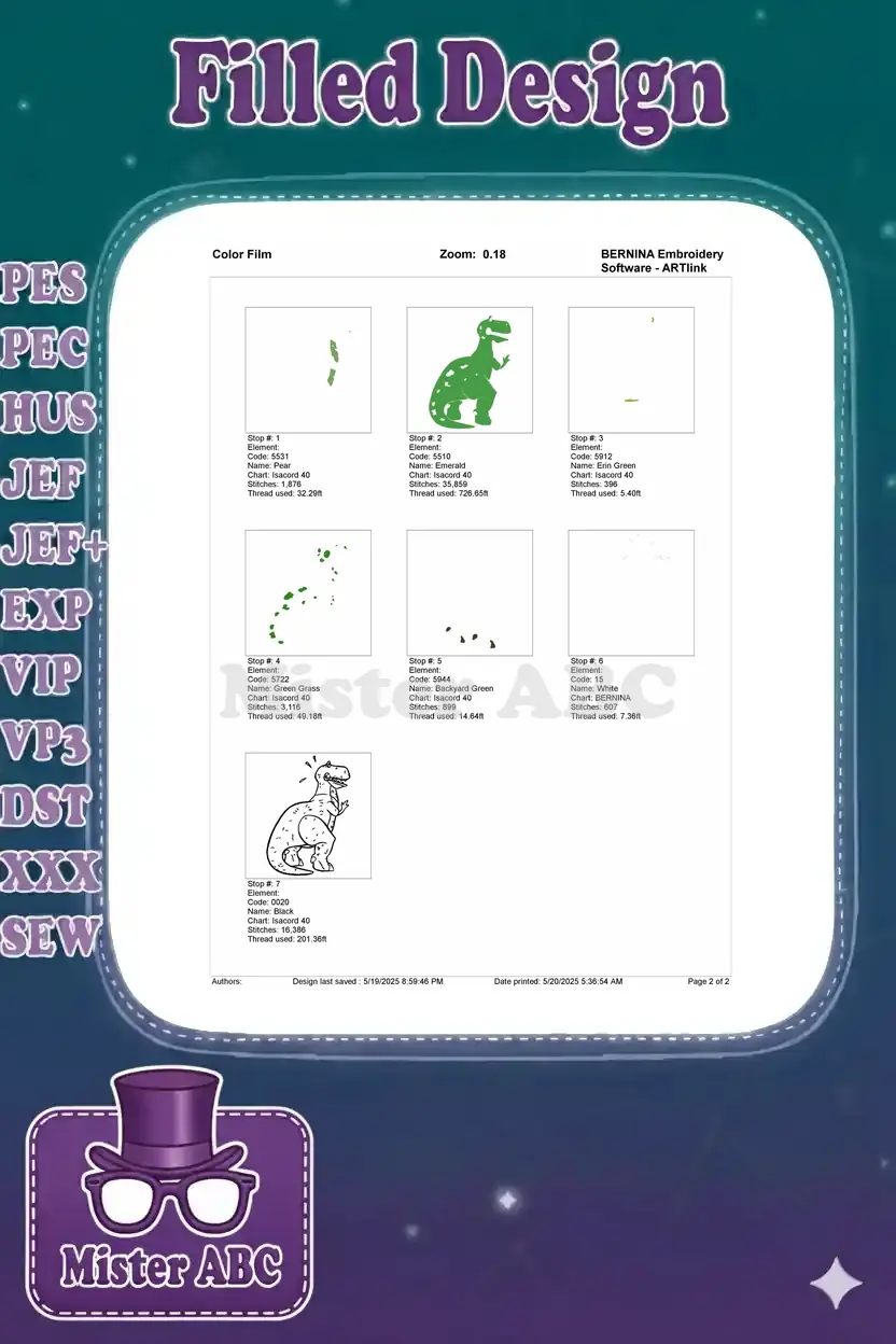 Color film breakdown of the embroidery design, showing each stitch element and its specific thread details.