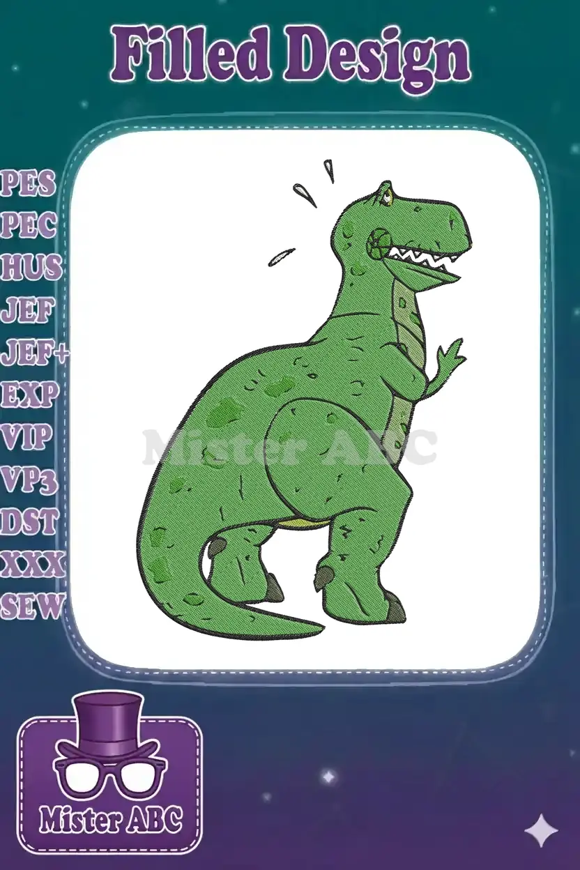 A vibrant, detailed embroidery design of a cartoonish green T-Rex with a slightly anxious expression, facing right.