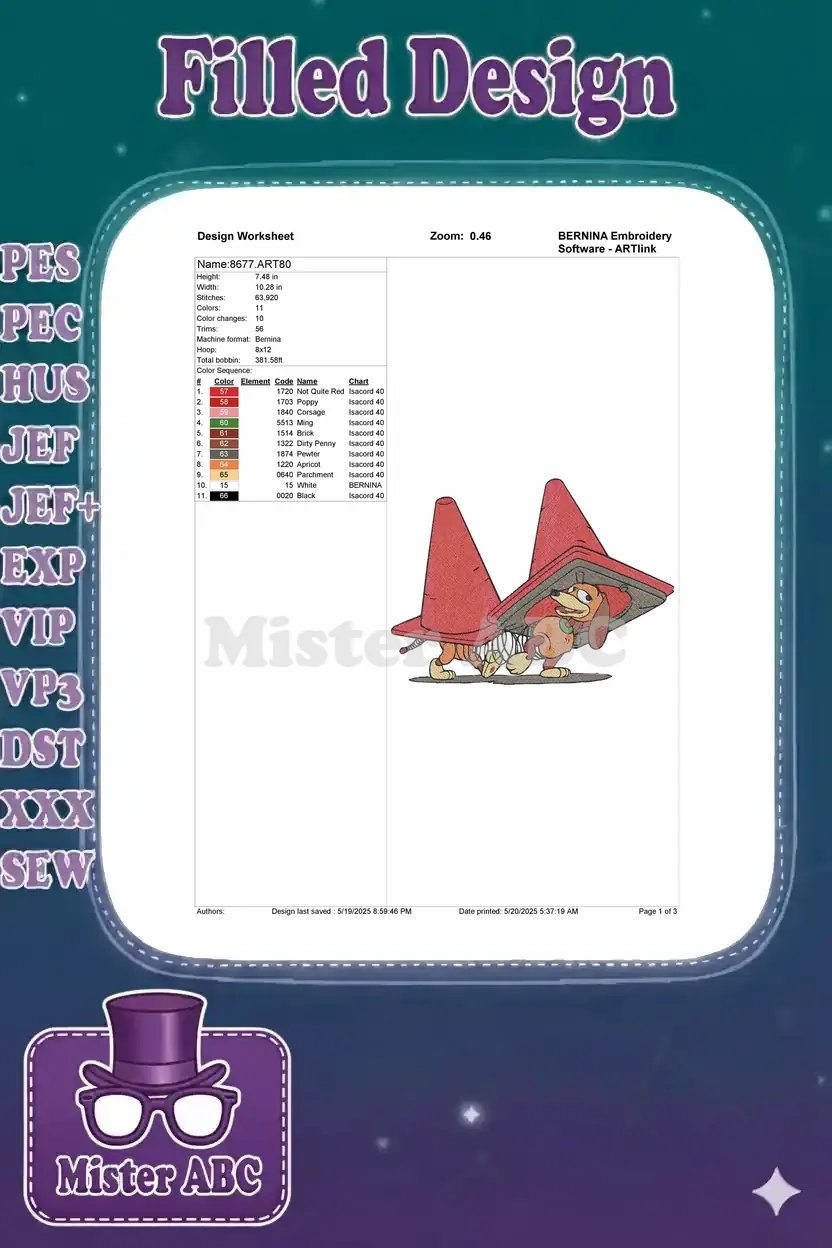 Embroidery design worksheet for Slinky Dog with cones, detailing dimensions, stitch count, colors, and thread types.