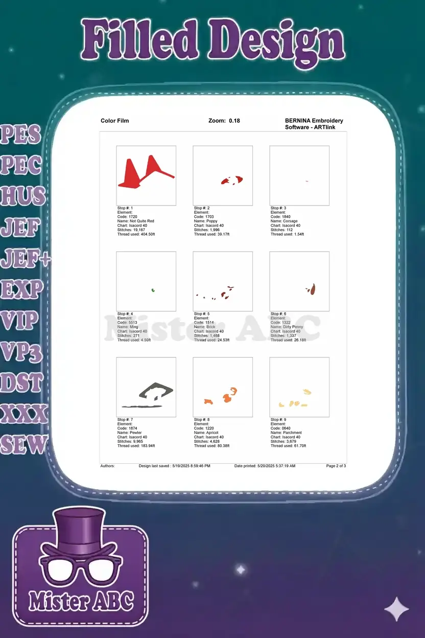Color film page 2 of 3, showing individual embroidery stitch-out sequences for the Slinky Dog design.