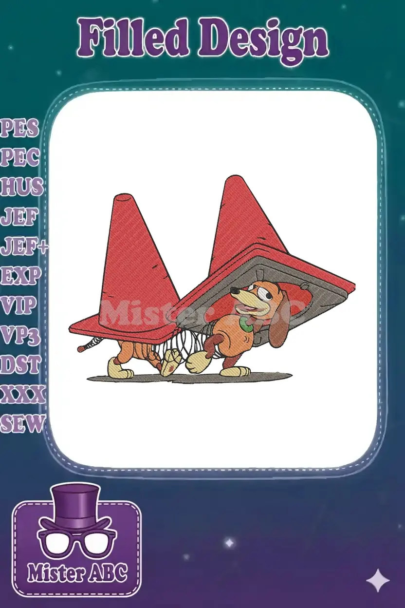Slinky Dog embroidery design comically carrying two red traffic cones, showcasing detailed stitching and vibrant colors.
