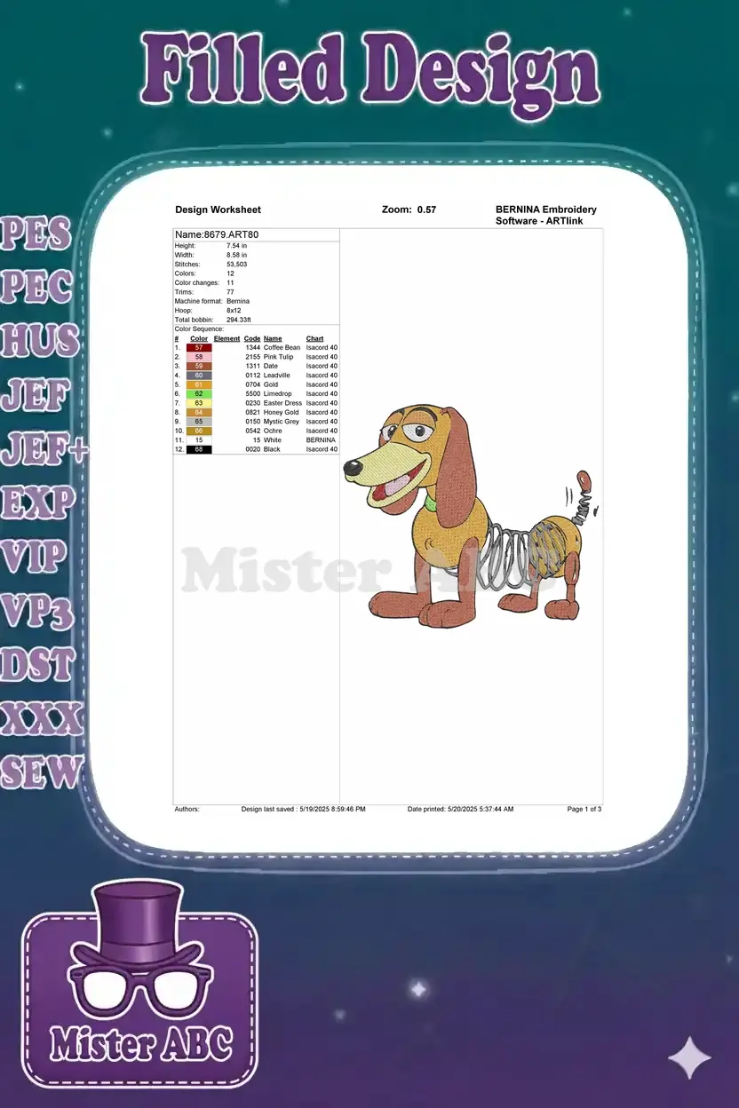 Embroidery design worksheet for Slinky Dog, showing dimensions, stitch count, color changes, and thread chart.