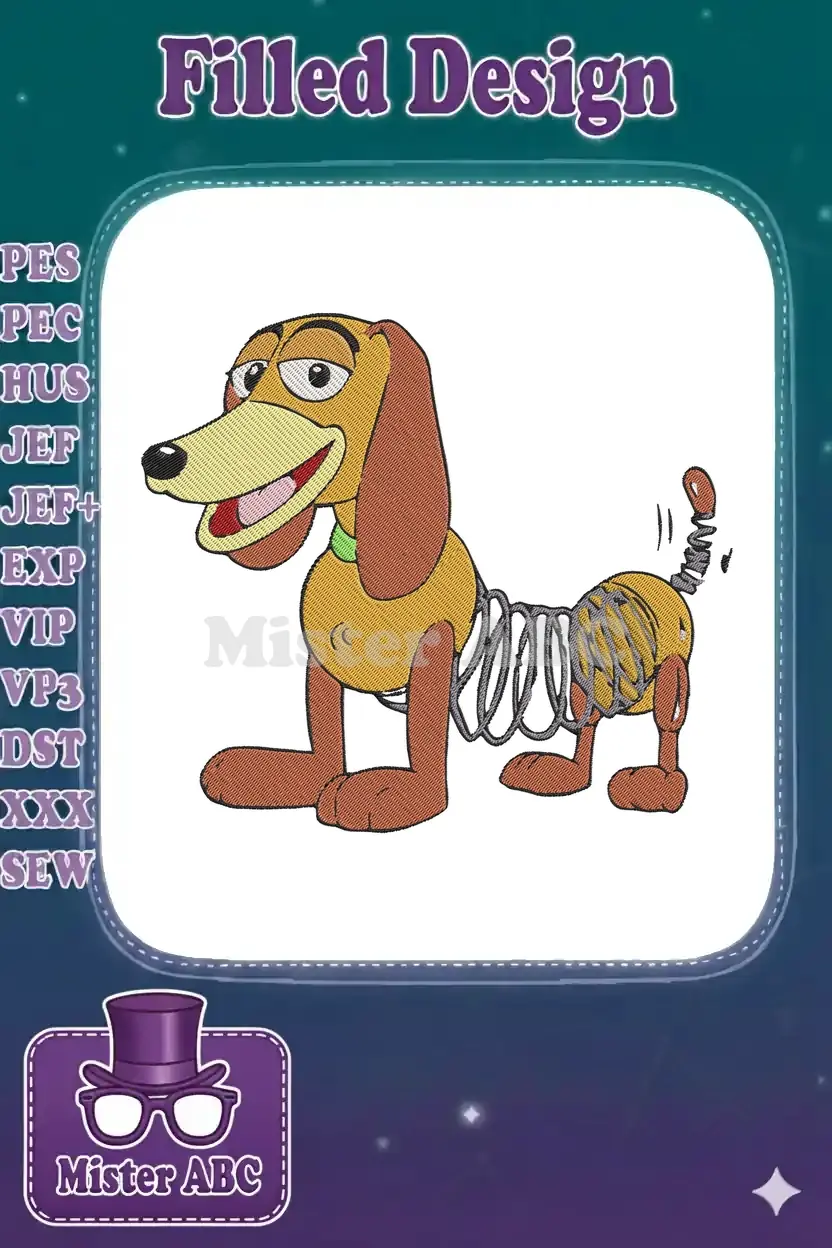 Full-color embroidery design of Slinky Dog from Toy Story, depicted with a cheerful expression and spring body.