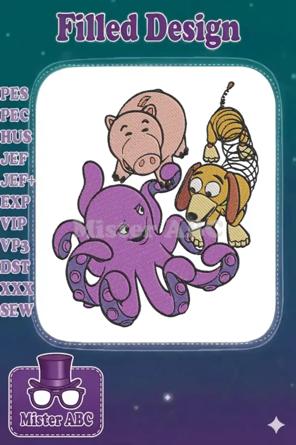 A vibrant embroidery design featuring beloved characters Hamm, Slinky Dog, and Hank, showcasing detailed satin and fill stitches.