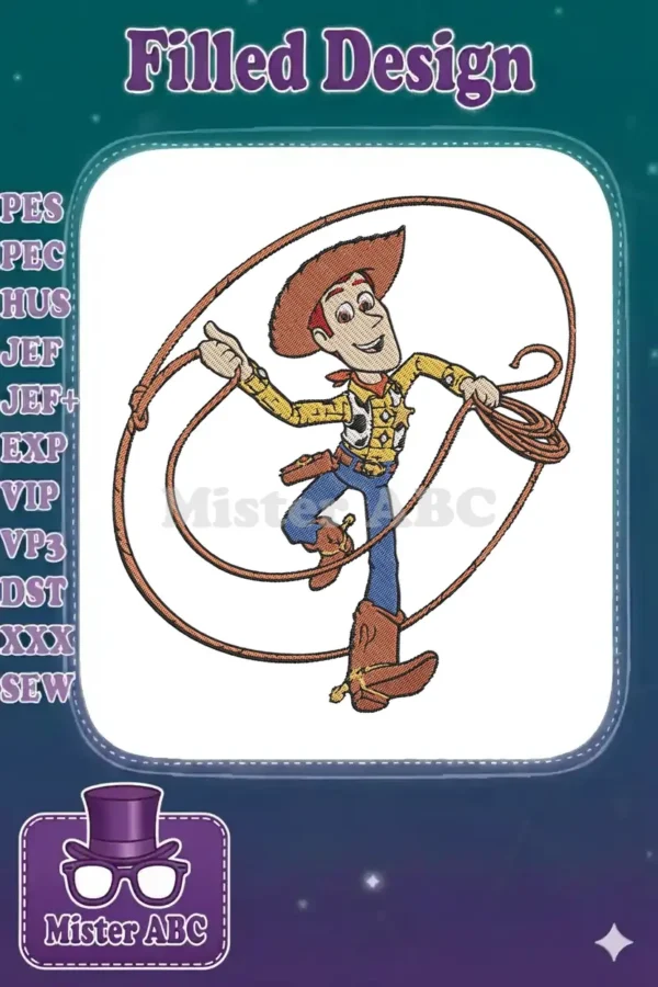 A detailed embroidery design featuring Woody from Toy Story, dynamically swinging a lasso, ready for adventure.