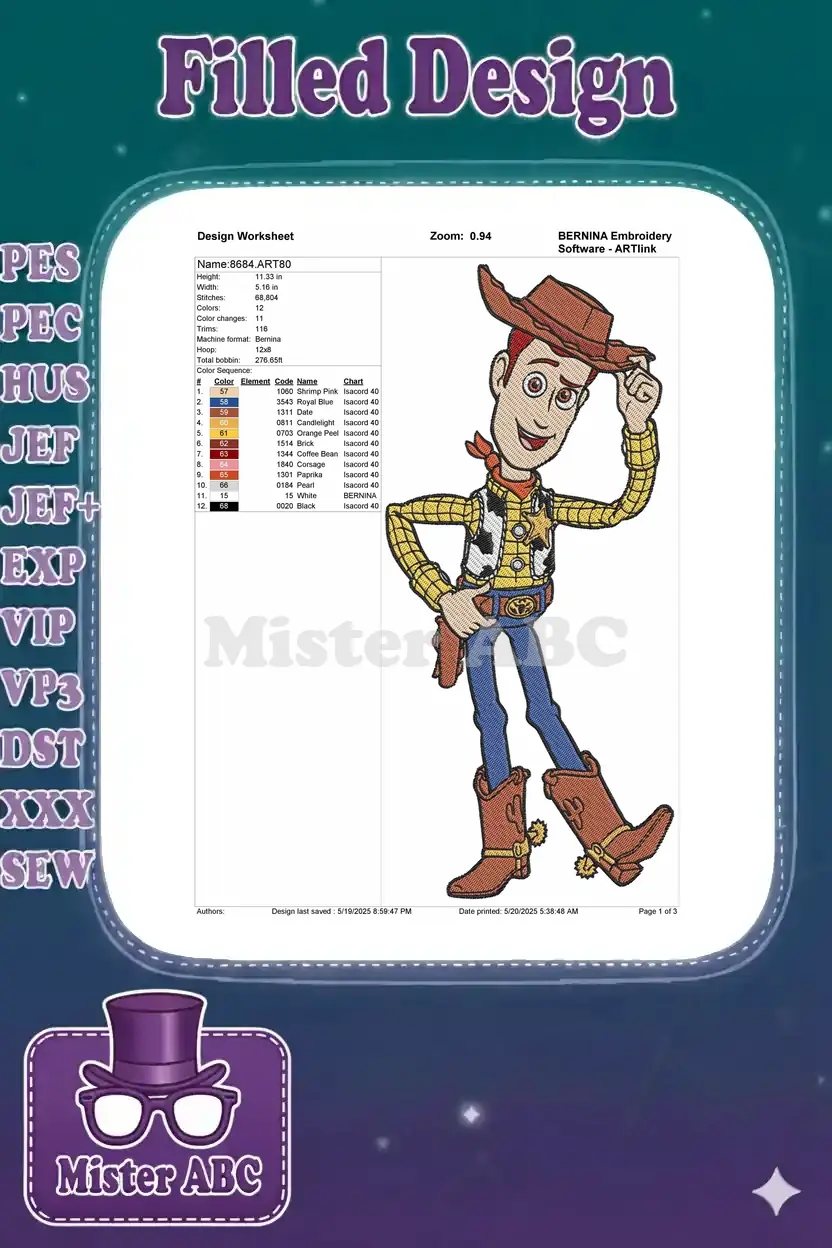 Embroidery design worksheet for Woody, showing dimensions, stitch count, color sequence, and thread chart.