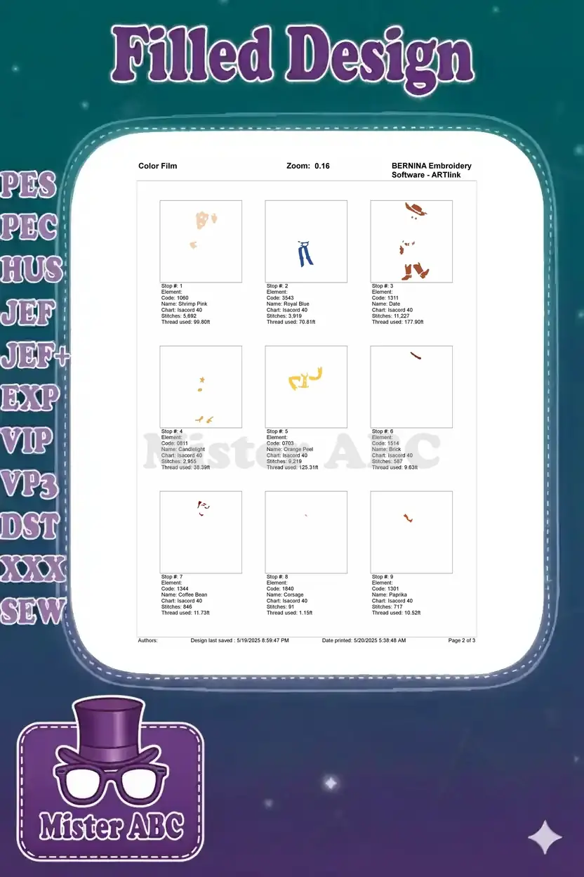 First page of the color film for the Woody embroidery, displaying individual color stop elements and stitch counts.