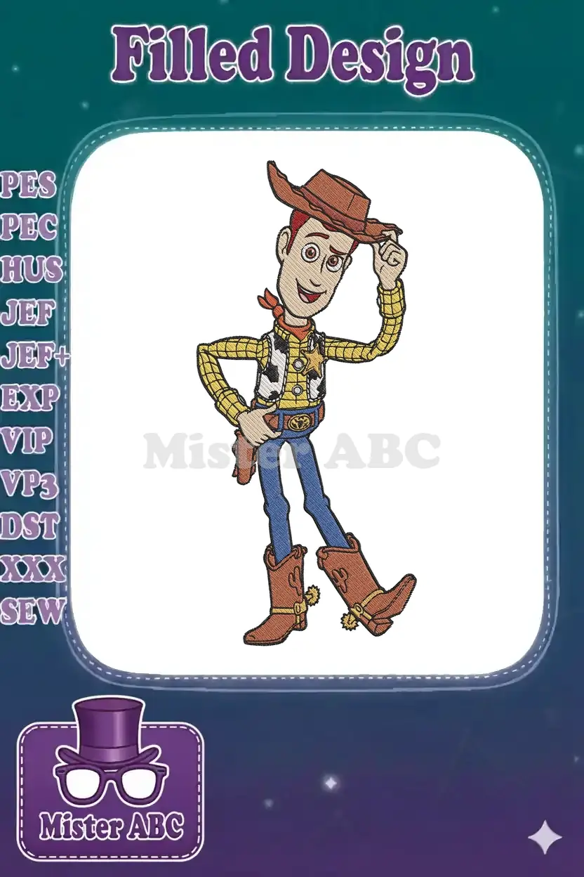 Full-body embroidery design of Sheriff Woody from Toy Story, tipping his cowboy hat with a friendly smile.