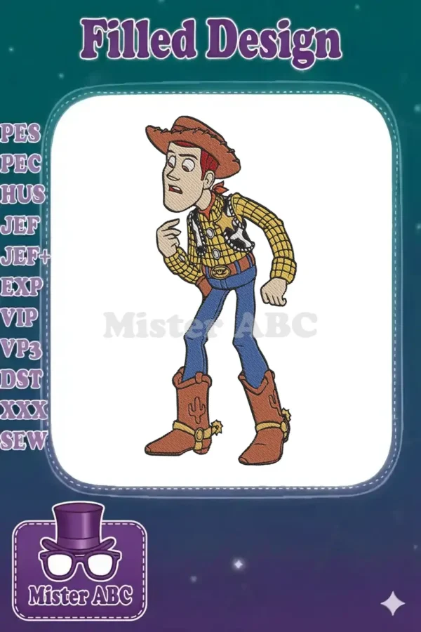 Detailed embroidery of Woody from Toy Story, featuring his iconic cowboy outfit and expressive pose.