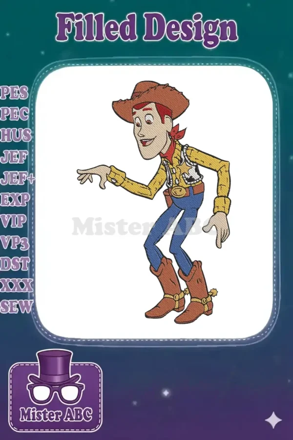 A vibrant embroidery design of Woody from Toy Story, standing dynamically with a friendly expression and textured stitches.