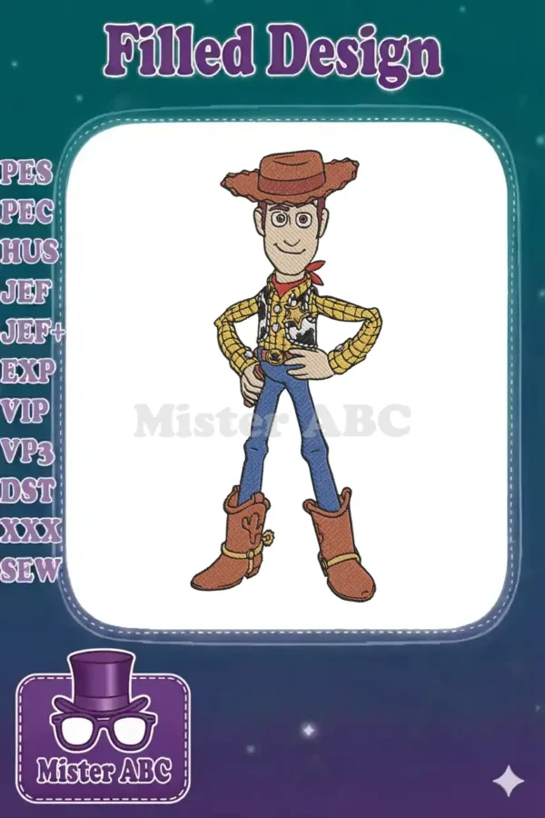 Full-body embroidery design of Woody from Toy Story, standing confidently with hands on hips, vibrant colors.