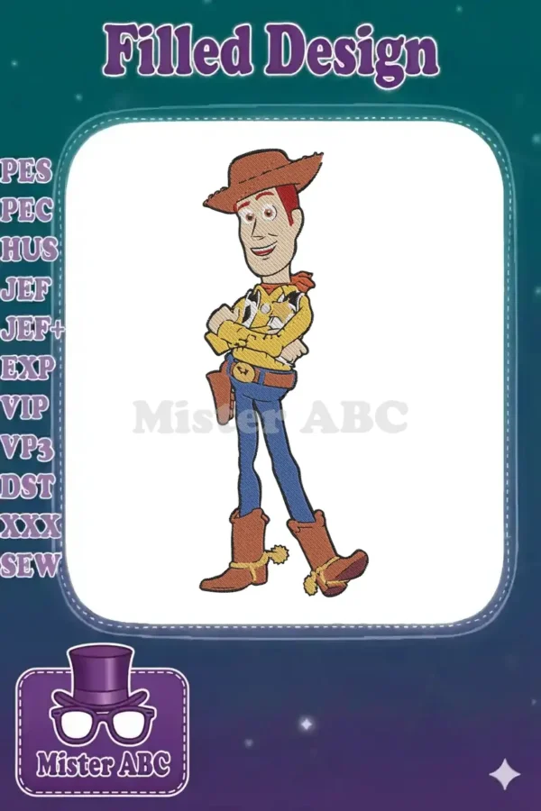 Full-body embroidery of Woody from Toy Story, arms crossed, smiling, showcasing his iconic cowboy attire.