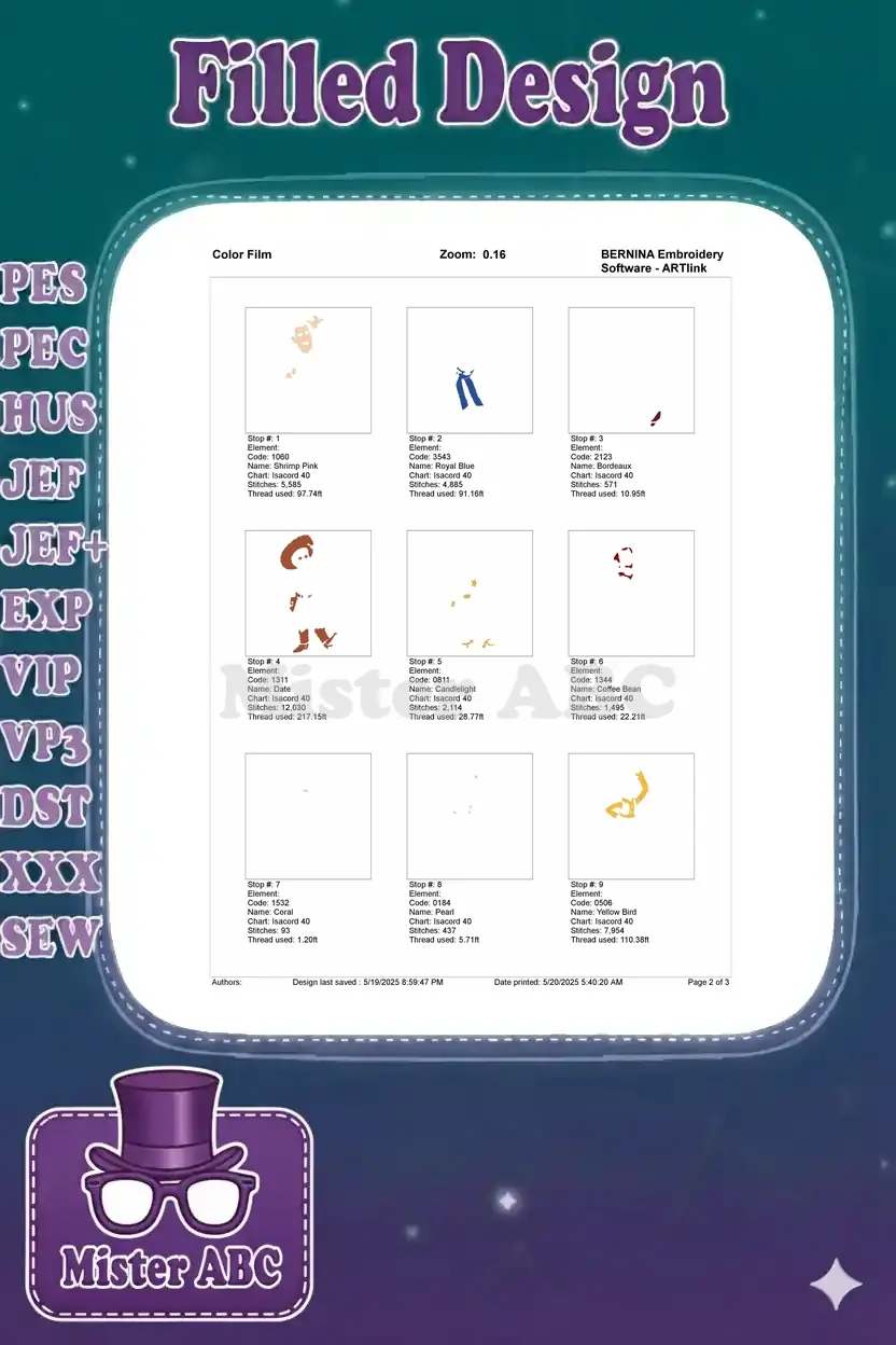 Color film breakdown of the Woody embroidery design, showing the first nine stitching sequence elements and thread usage.
