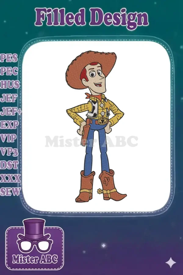 Full-body embroidery design of Woody from Disney Pixar's Toy Story, standing with hands on hips, smiling.