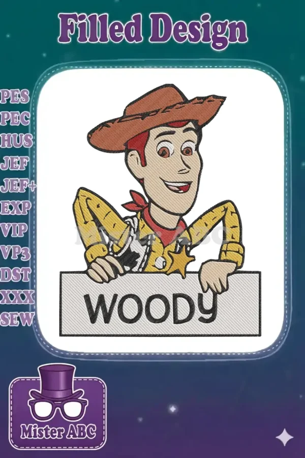 Vibrant embroidery design of Woody from Toy Story, smiling with his cowboy hat, sheriff's star, and nameplate.