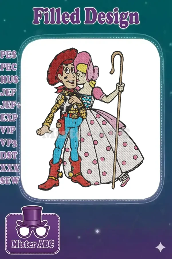 A vibrant machine embroidery design featuring Woody hugging Bo Peep, both from Disney Pixar's Toy Story.
