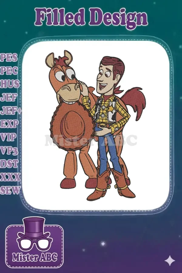 Detailed embroidery of Woody the cowboy hugging his horse Bullseye, from Disney Pixar's beloved Toy Story.