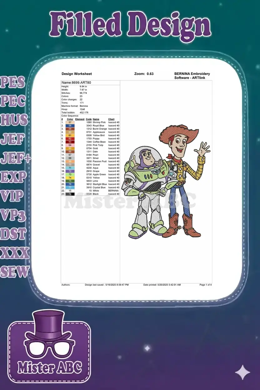 Embroidery design worksheet displaying Woody and Buzz, including thread color codes and design specifications.
