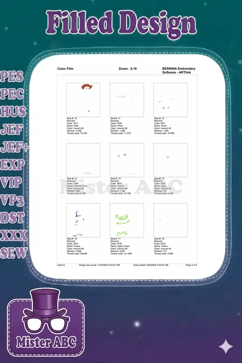 Second page of the embroidery color film, detailing thread stops from ten to eighteen and their stitch areas.