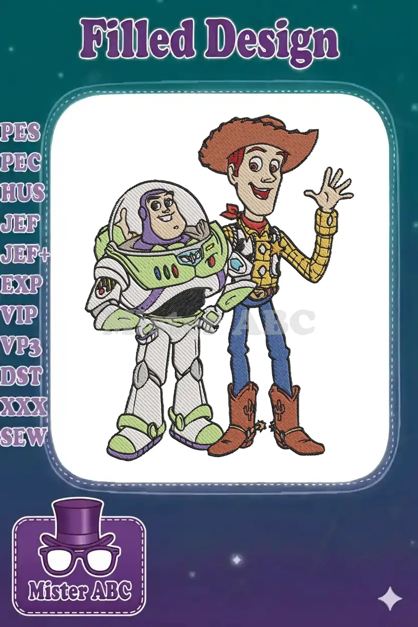 Close-up of a detailed embroidery design showcasing Woody the cowboy and Buzz Lightyear, ready for adventure.