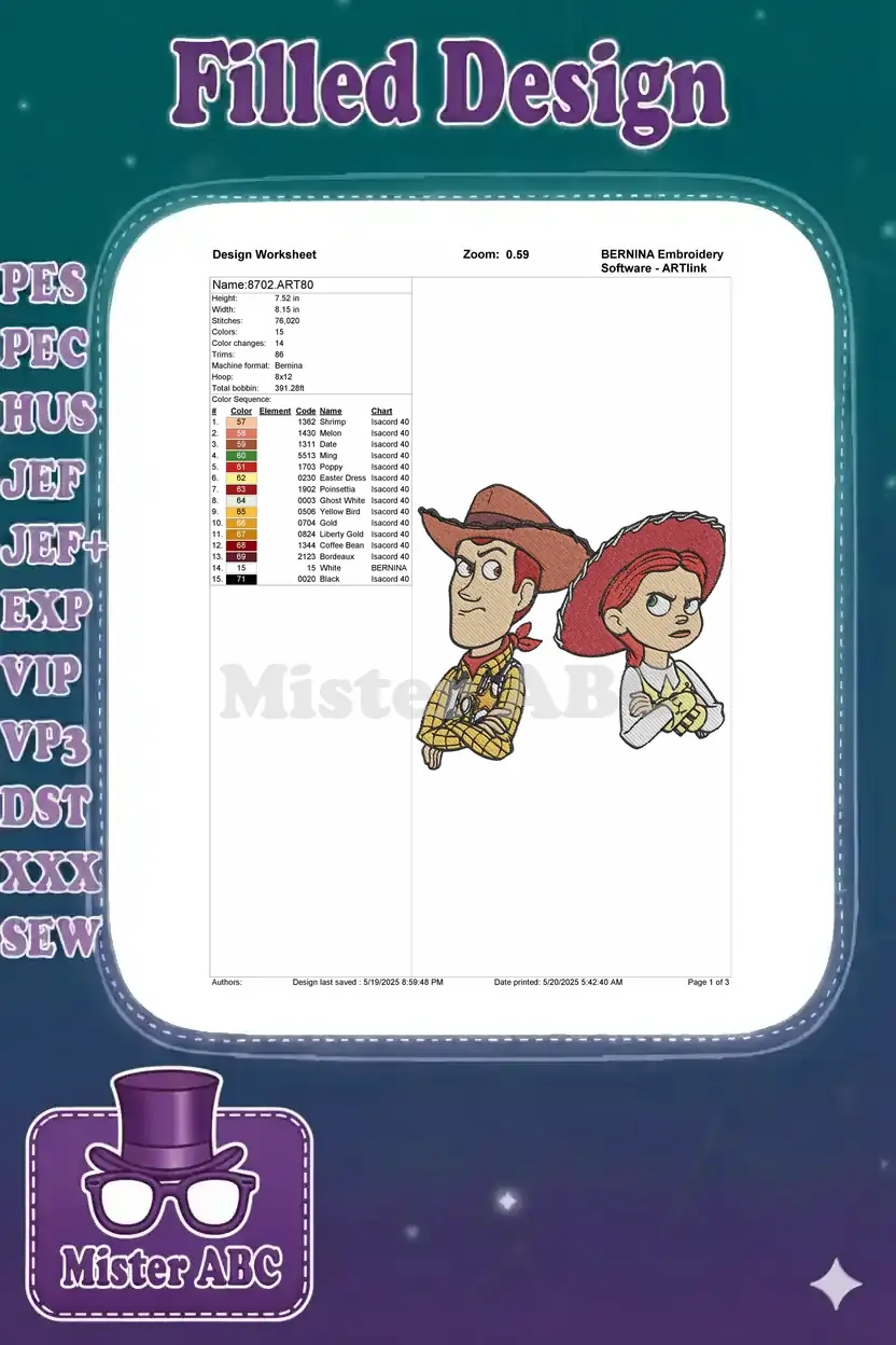 BERNINA embroidery design worksheet for Woody and Jessie, detailing stitch count, dimensions, and color chart with thread names.