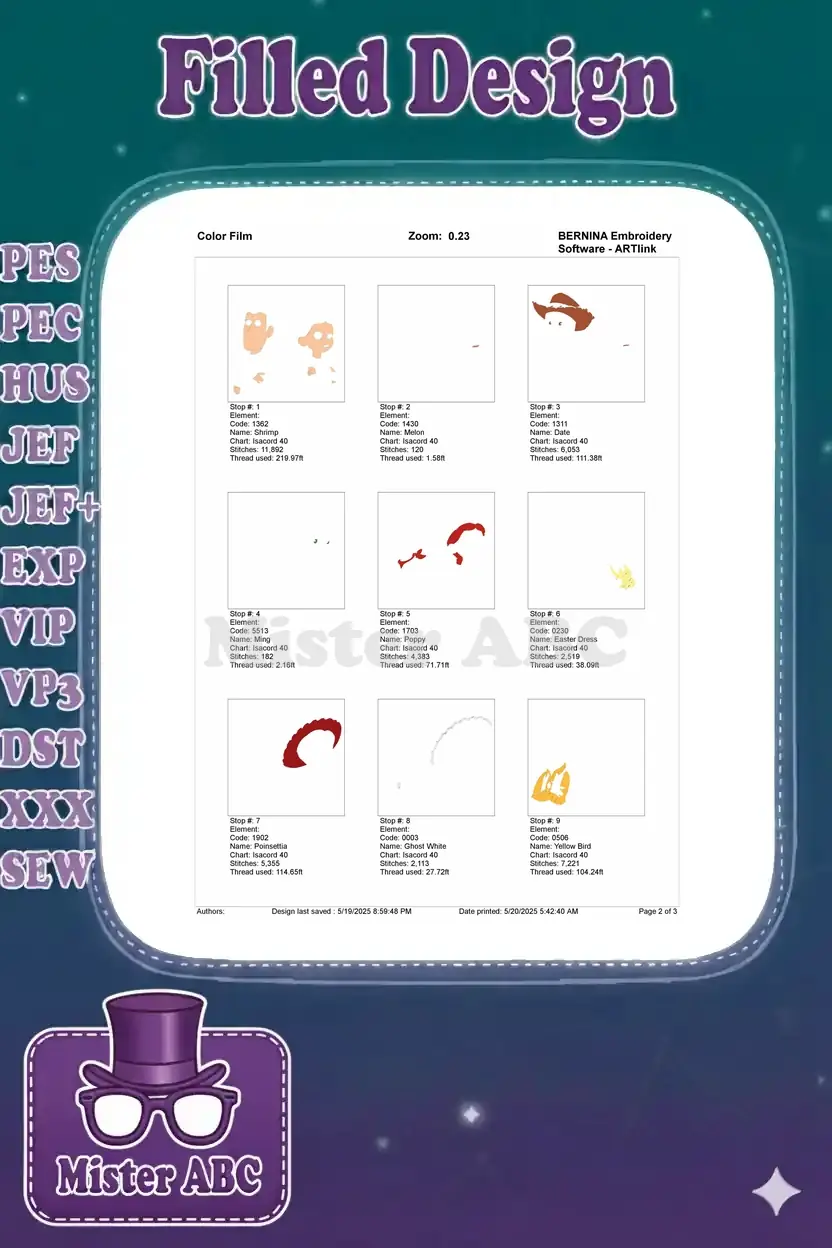 Page 1 of the color film for Woody and Jessie embroidery, showing the initial nine stitch elements and thread usage.