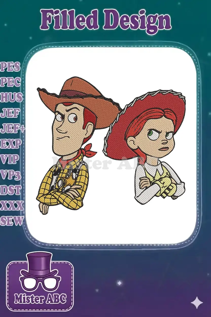 Embroidered Woody and Jessie, the iconic cowboy and cowgirl from Toy Story, standing with arms crossed, ready for adventure.