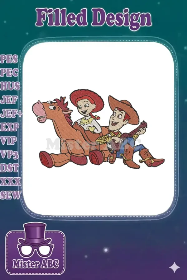 Vibrant embroidery design of Woody playing guitar, Jessie riding Bullseye, all smiling from Disney Pixar's Toy Story.
