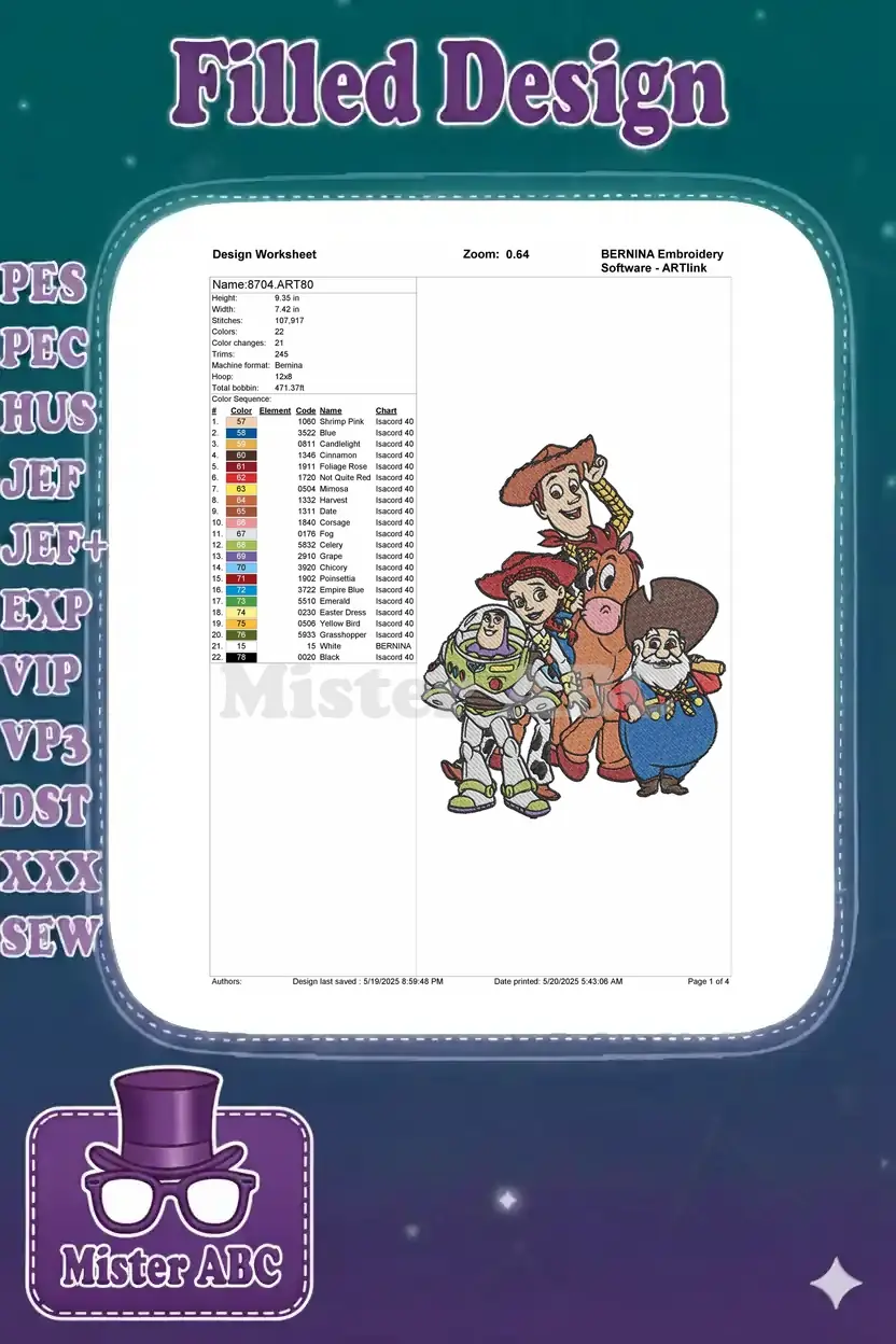 Embroidery design worksheet for '8704.ART80' showing dimensions, stitch count, color chart, and design preview.