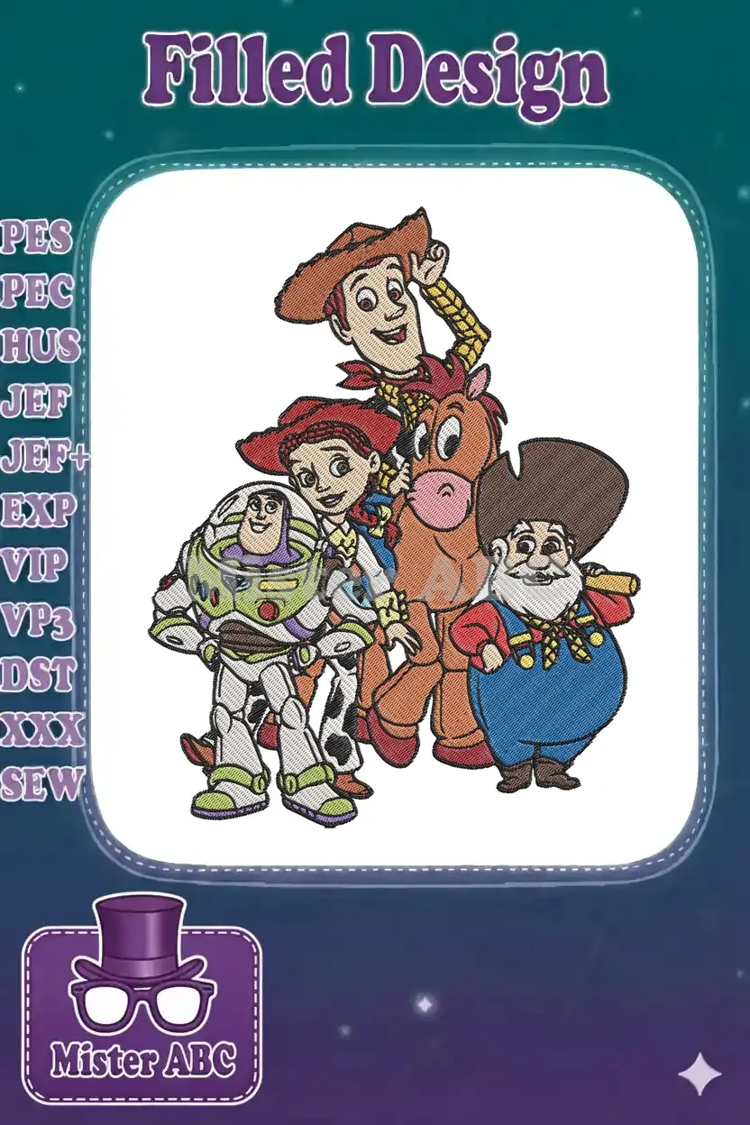 Vibrant embroidery design featuring Toy Story characters: Woody, Buzz, Jessie, Bullseye, and Stinky Pete smiling.