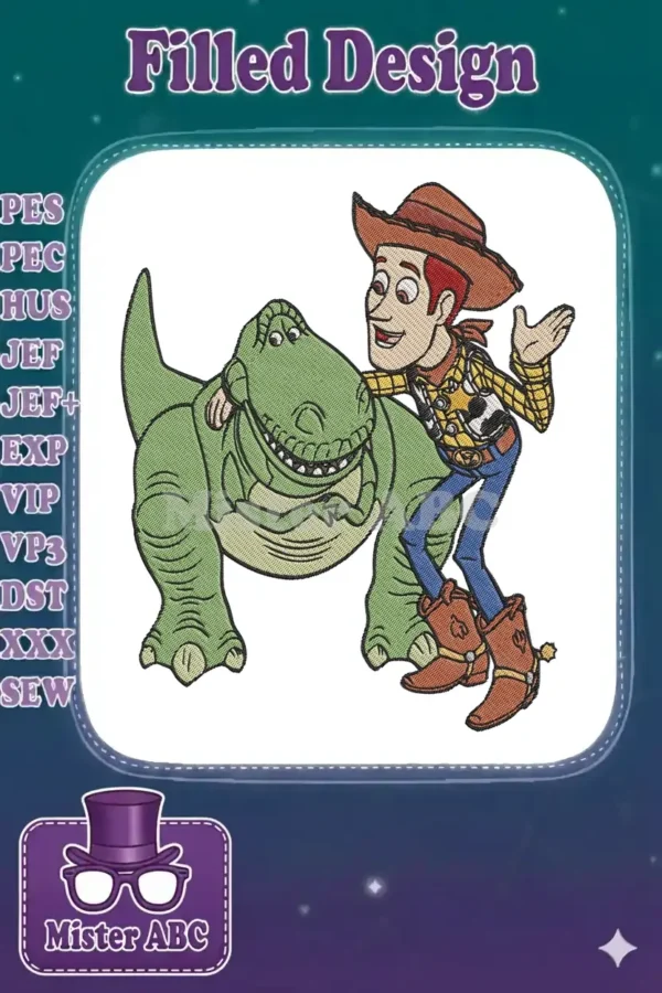 Detailed machine embroidery of Woody and Rex from Toy Story, featuring vibrant colors and expressive character design.