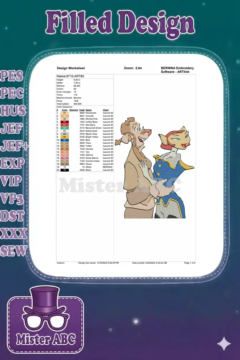 Embroidery design worksheet for 8710.ART80, detailing dimensions, stitch count, and thread color chart.