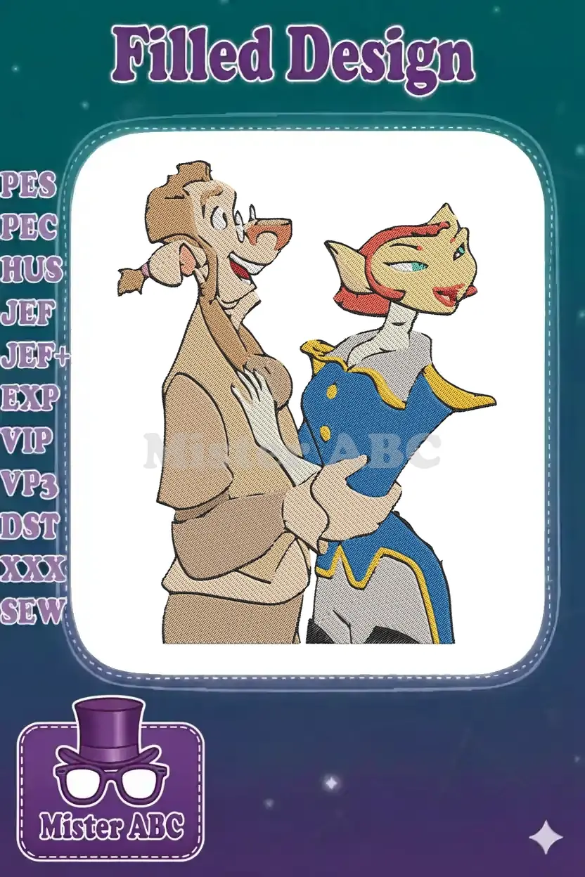 Embroidered design of Captain Amelia and John Silver from Treasure Planet, embracing with warm expressions.