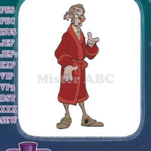 Full-body embroidery design of Mr. Smee from Peter Pan, wearing a red robe and gesturing with his hand.