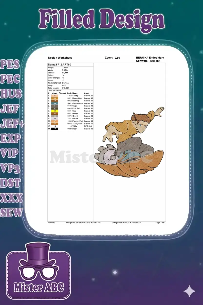 Embroidery design worksheet for Jim Hawkins design, showing dimensions, stitch count, color sequence, and thread details.
