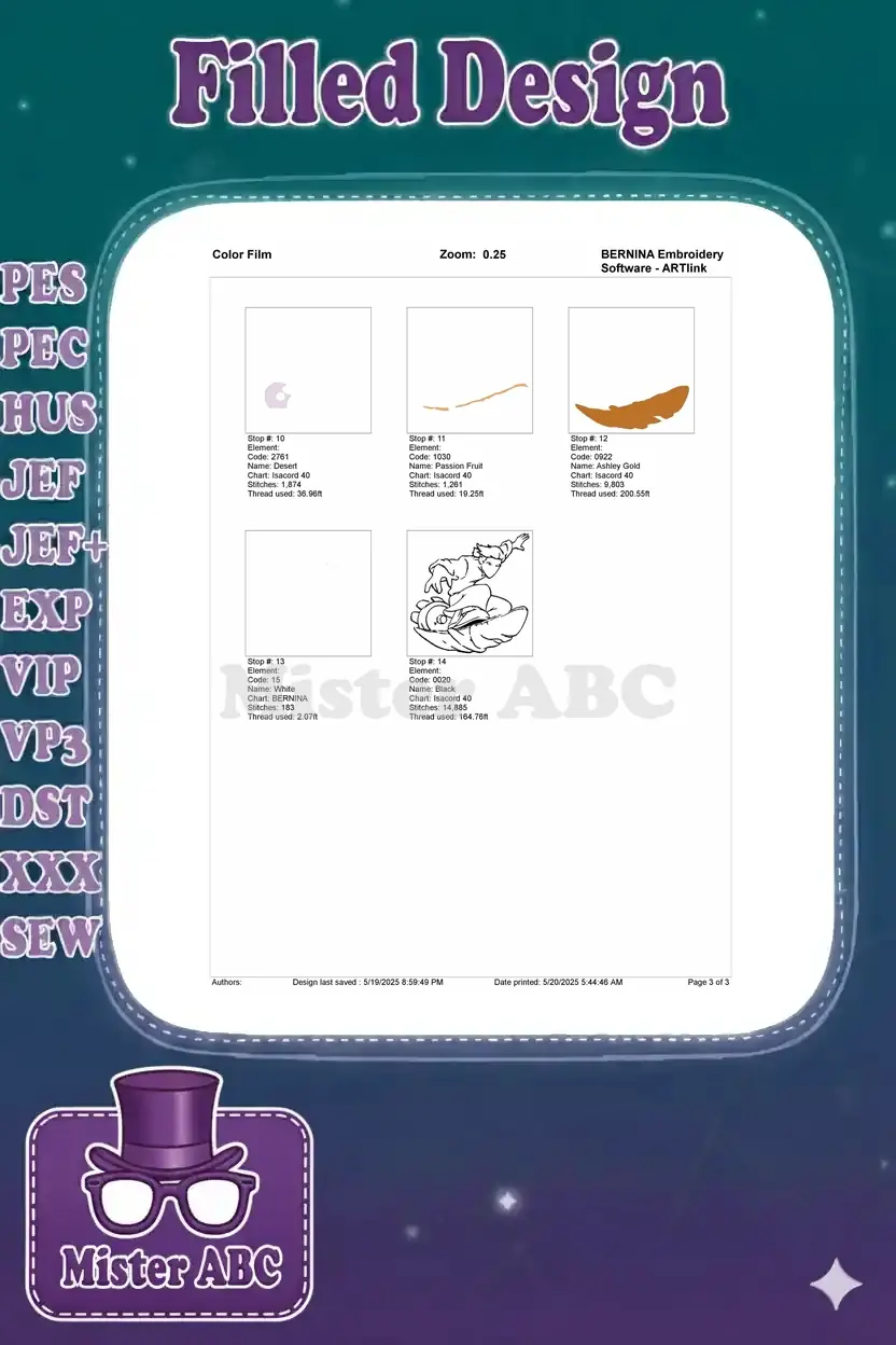 Second part of the color film for Jim Hawkins embroidery, detailing individual stitch-out sections for colors 10 through 14.