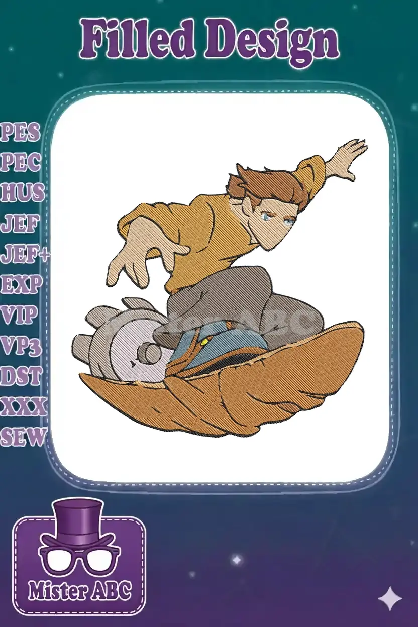 Full-color embroidery design of Jim Hawkins from Treasure Planet on his solar surfer, mid-action pose, vibrant and dynamic.