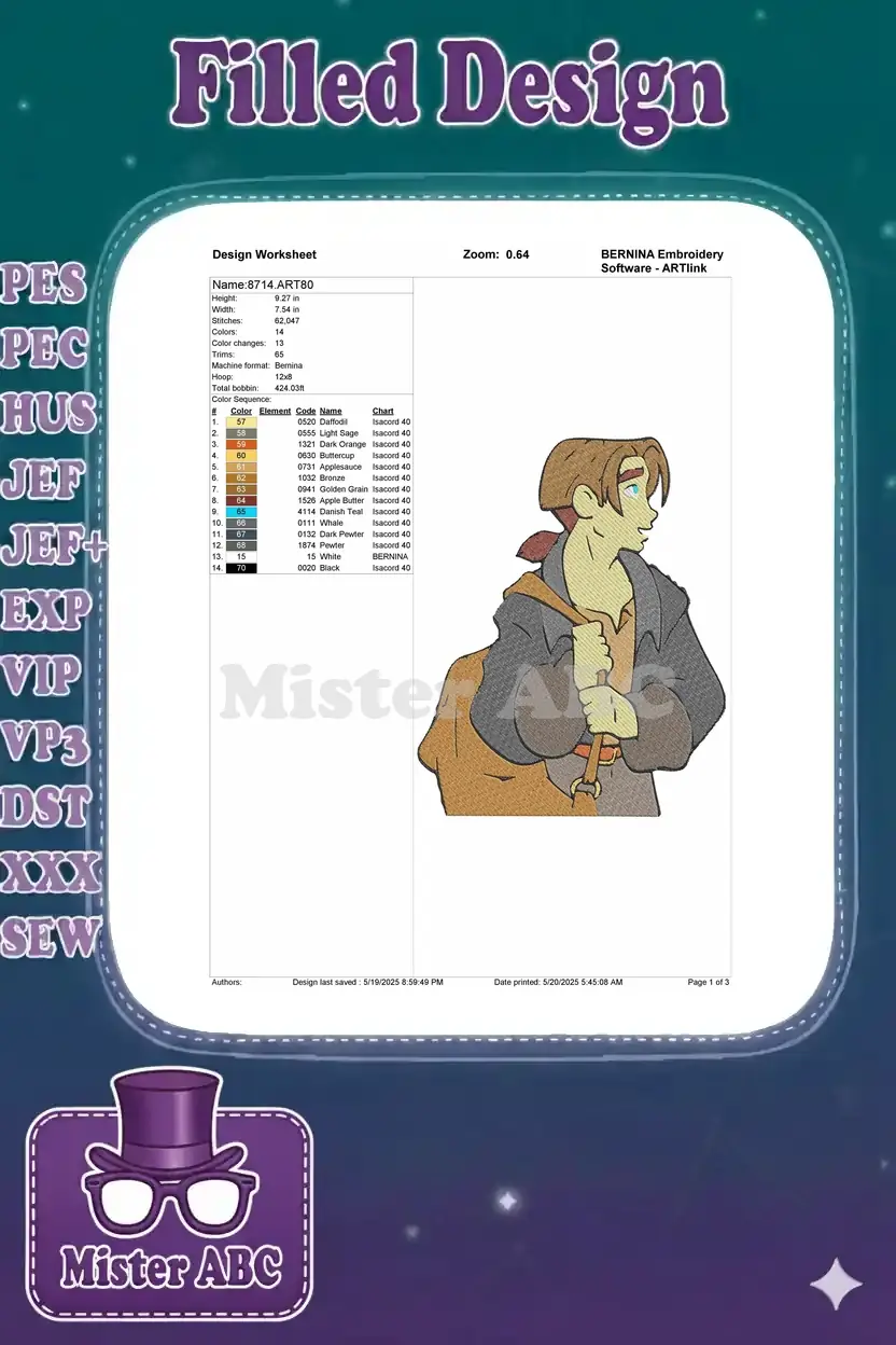Embroidery design worksheet for Milo Thatch, showing dimensions, stitch count, colors, and machine format details.
