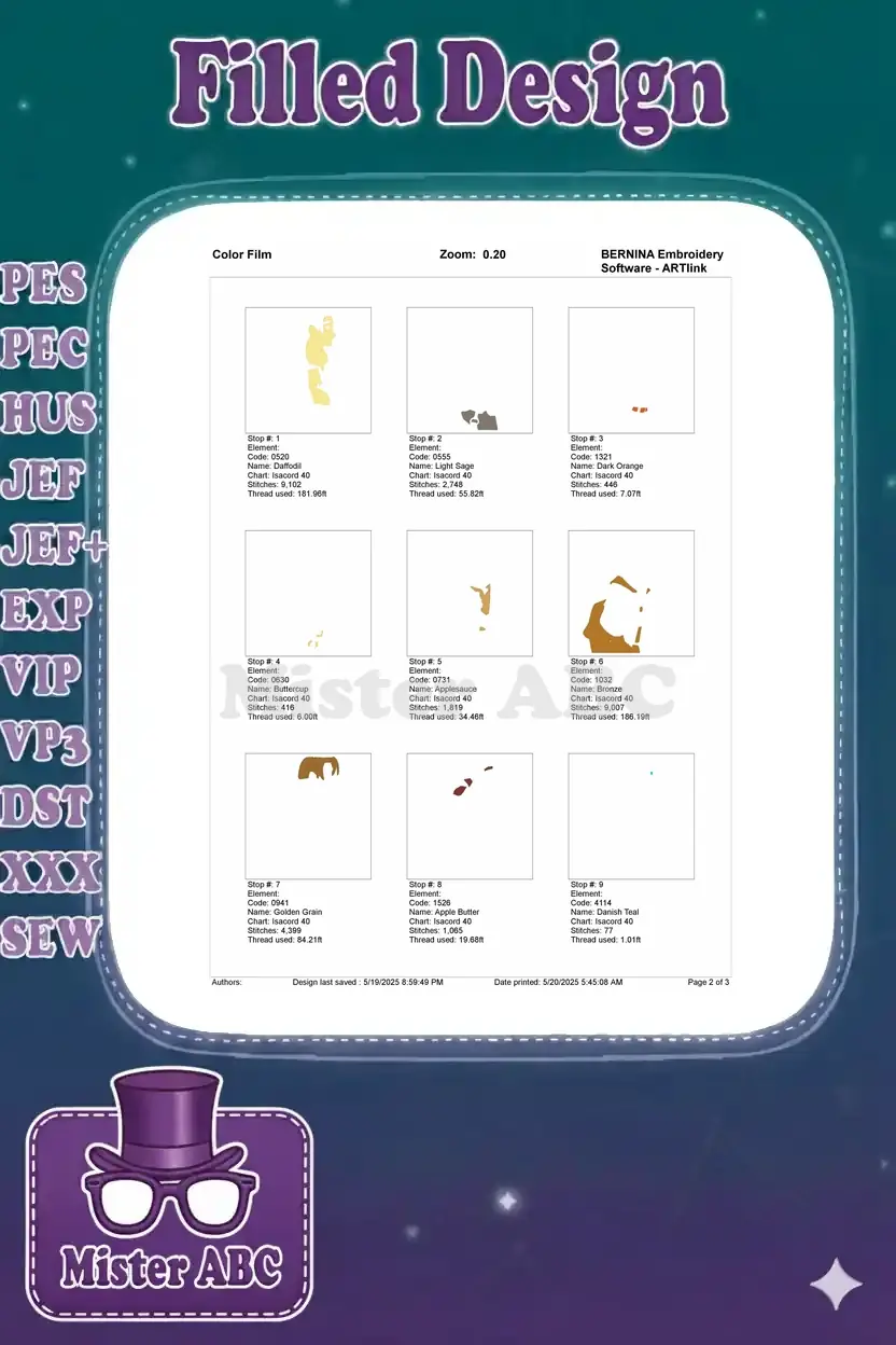 Color film breakdown for Milo Thatch embroidery, showing the first nine color layers and their individual stitch details.