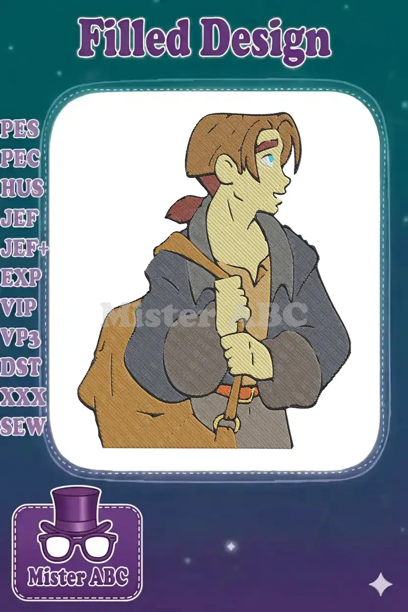 Embroidery design of Milo Thatch from Atlantis: The Lost Empire, looking right, wearing a coat and carrying a bag.
