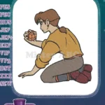 Animated young man examining mysterious orange object embroidery designs - Instant Download