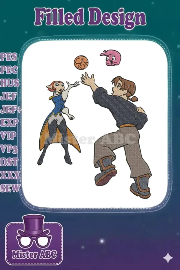 Dynamic embroidery design of Captain Amelia and Jim Hawkins from Treasure Planet reaching for a ball with Morph.