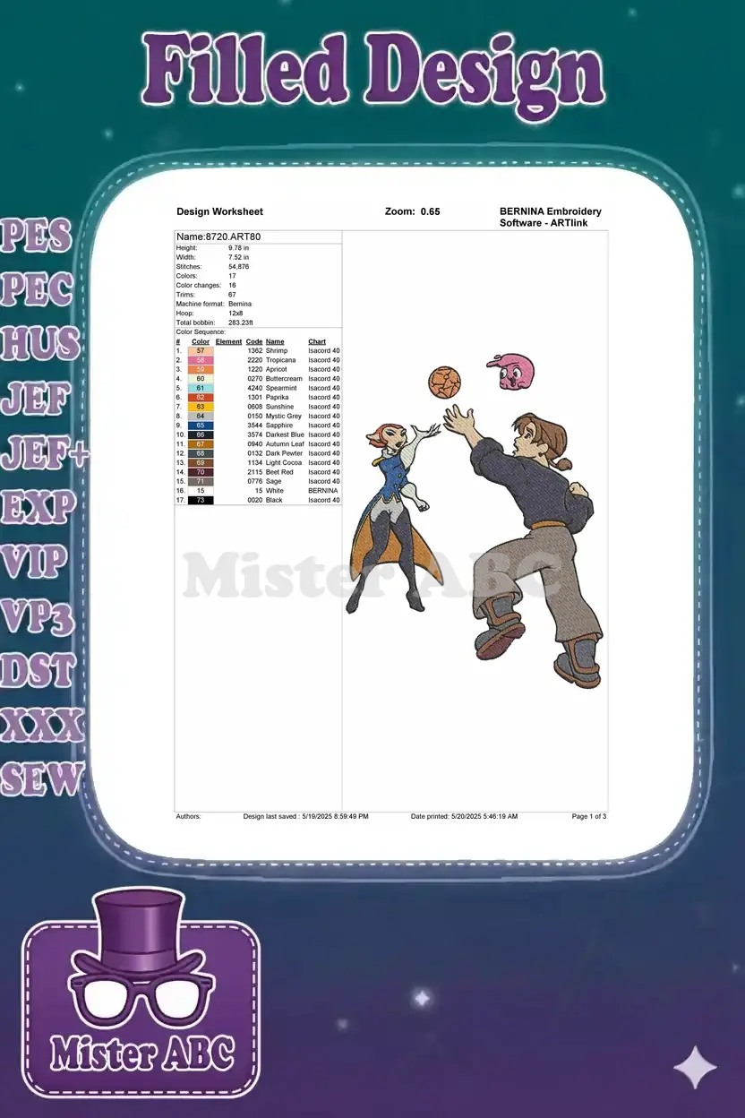 Embroidery design worksheet for '8720.ART80' detailing dimensions, stitch count, colors, and thread chart.